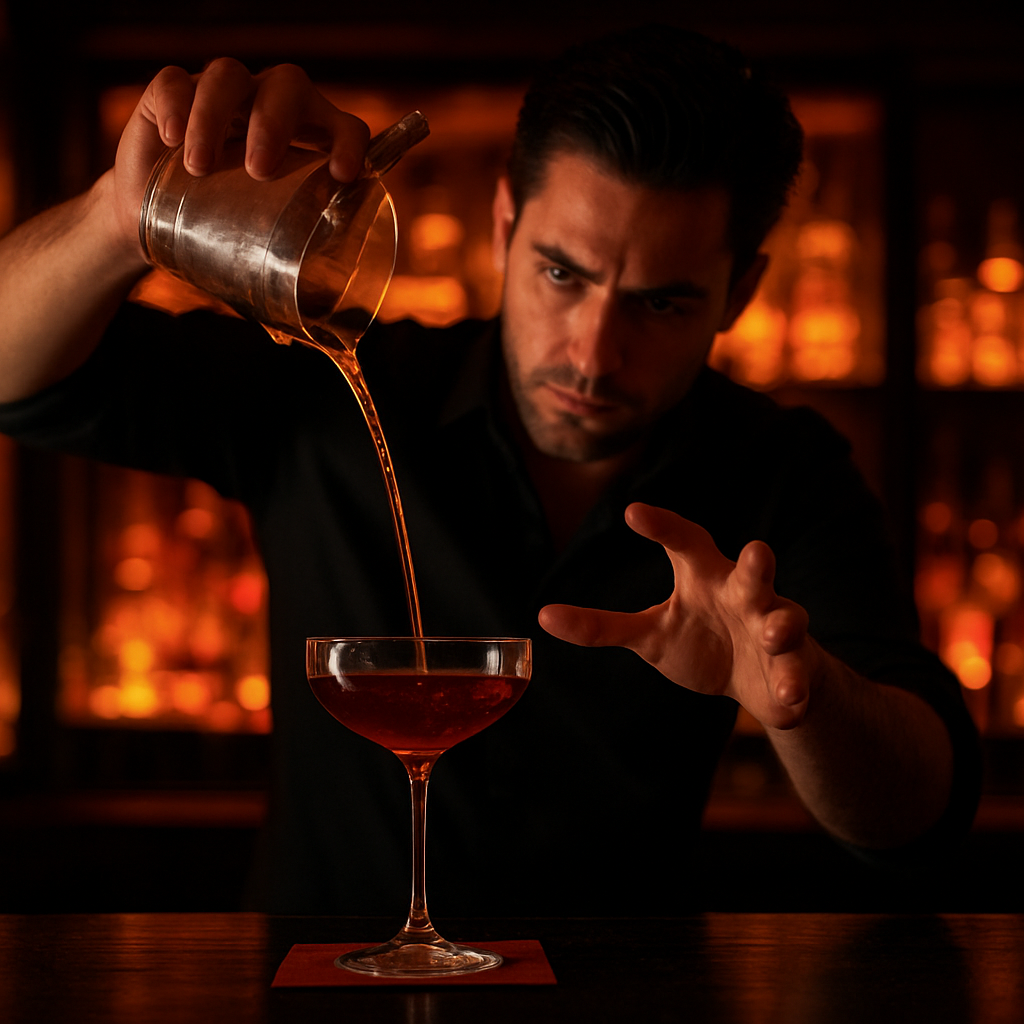 A bartender pouring a cocktail behind a warmly lit bar