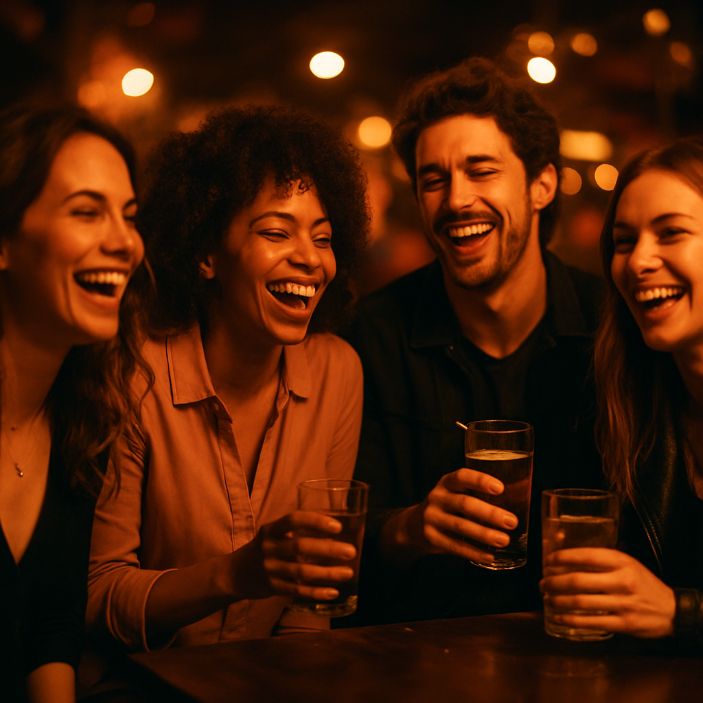 A group of friends laughing together over drinks at a bar