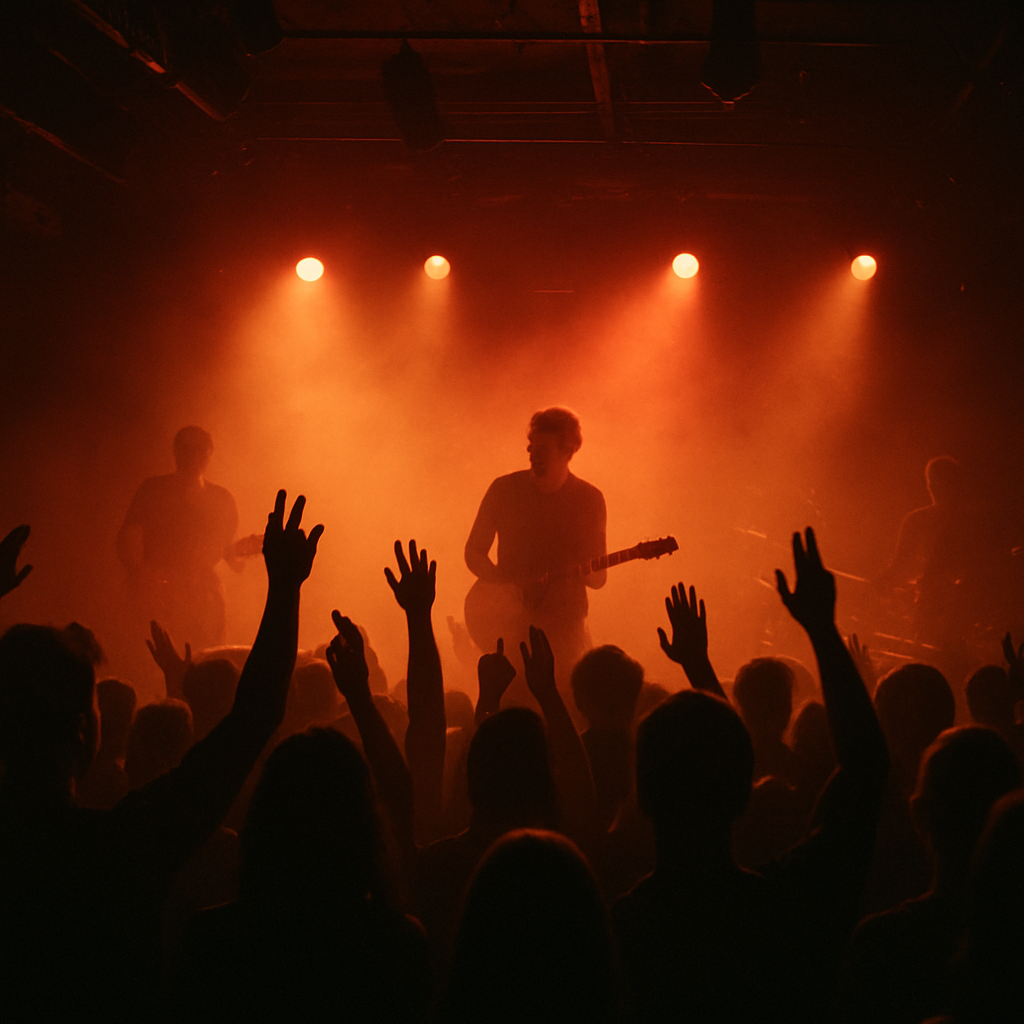 An intimate live music venue glowing warm amber with a lively crowd