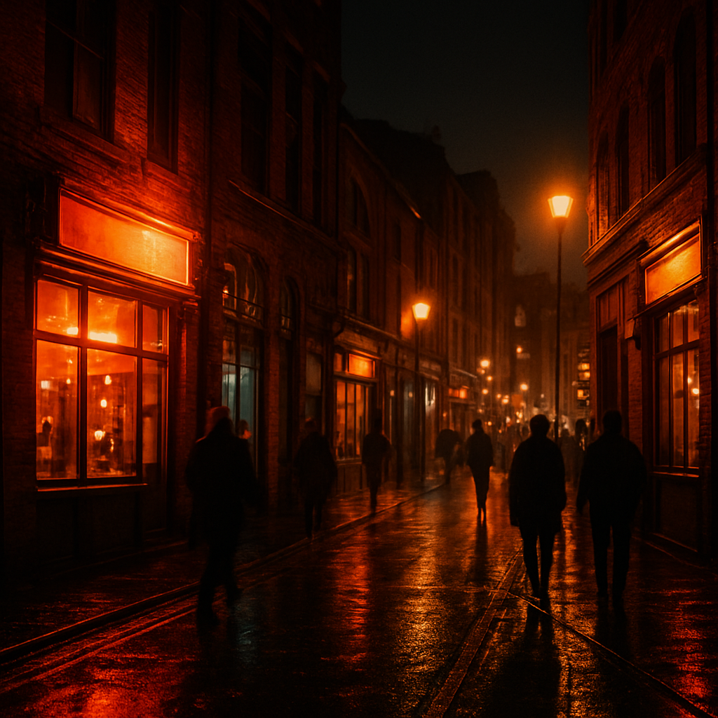 A Manchester Northern Quarter street at night with neon reflections on wet pavement