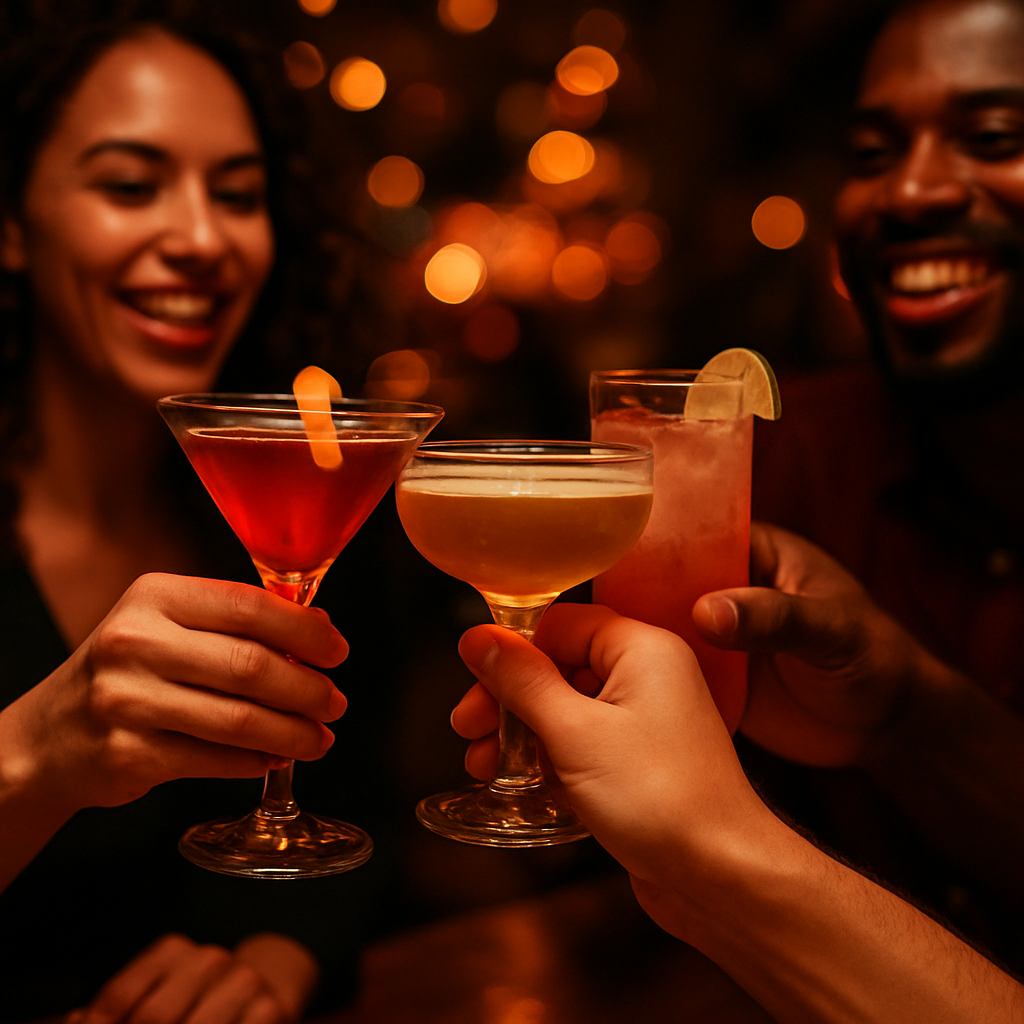 Friends clinking cocktail glasses together in a toast